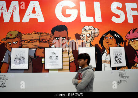 Rome le 9 novembre 2018. Exposition du dessinateur italien, Zerocalcare aka Michele Rech, l'un des plus célèbres en Italie, intitulé 'Digging fossés - nourrir les crocodiles'. Foto Samantha Insidefoto Zucchi Banque D'Images