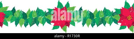 Vector Christmas garland sans frontière avec poinsettia rouge fleurs et feuilles vertes. Illustration de Vecteur