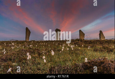 Anneau à Orkney de menhirs néolithiques Shetlands, stone circle, solstice d'été. Banque D'Images