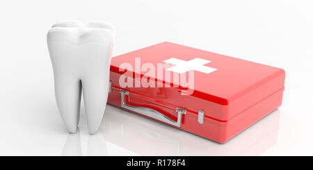 La santé des dents, dentiste concept. Trousse de premiers soins et un modèle de dent isolé sur fond blanc. 3d illustration Banque D'Images