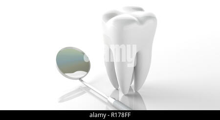 La santé des dents, dentristy concept. Miroir de dentiste et un modèle de dent sur fond blanc. 3d illustration Banque D'Images