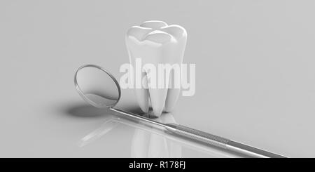 La santé des dents, dentristy concept. Miroir de dentiste et une dent sur fond gris, modèle exemplaire de l'espace. 3d illustration Banque D'Images