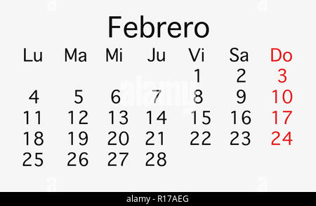 Février 2019 Calendrier de rabotage. Vector en noir et rouge Banque D'Images