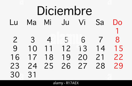 Décembre 2019 panneaux de calendrier. Vector en noir et rouge Banque D'Images