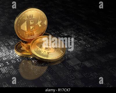 Coin bitcoin or sur fond noir avec la cryptographie numérique des données. 3d illustration Banque D'Images