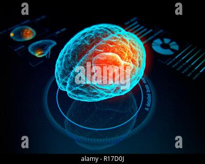 Diagnostic numérique virtuelle du cerveau humain sur le modèle holographique. 3d illustration. Banque D'Images