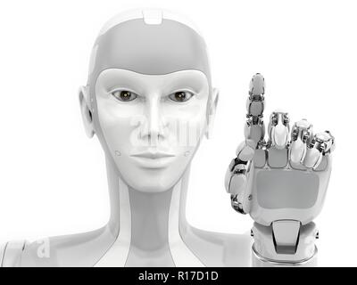 La main du robot à points quelque chose sur fond blanc. Template vide pour la publicité ou représentant de la technologie moderne. 3d illustration. Banque D'Images