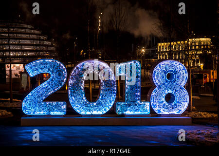 Nouvel an et de noël avec décoration de la ville de Moscou en 2018 lettres signe lumineux Banque D'Images