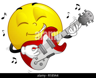 Illustration d'un Smiley Mascot Playing Electric Guitar et entouré par des notes de musique Banque D'Images