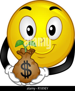 Illustration d'un Smiley Mascot tenant une plantule à signe Dollar. Concept de financement de démarrage Banque D'Images