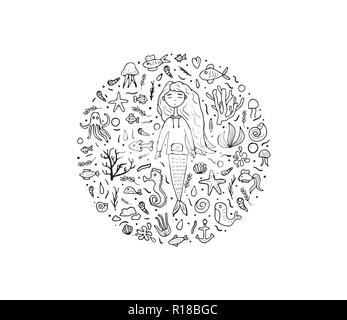 Composition du cercle de vecteur d'éléments de la mer. Ensemble de croquis vecteur de sous-symboles. Collection de sirène et la mer articles dans doodle style. Mauvais tour Illustration de Vecteur