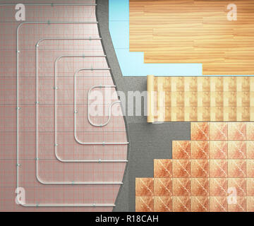 Concept d'un marbre chaud Le système de chauffage est posé sur le sol avec différentes variantes de revêtements décoratifs 3D render Banque D'Images