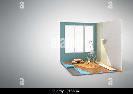 Concept de réparation faible isométrique poly accueil rénovation salle de rendu 3D icône sur gris Banque D'Images