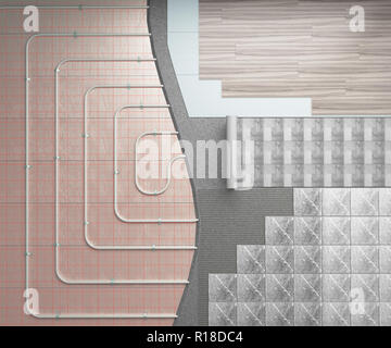 Concept d'un marbre chaud Le système de chauffage est posé sur le sol avec différentes variantes de revêtements décoratifs 3D render Banque D'Images