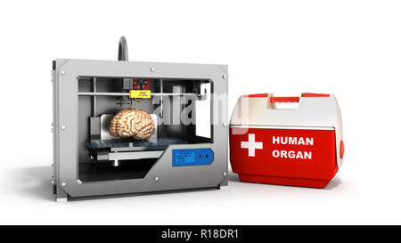 Notion de processus de transplantation de cerveau humain créer en utilisant l'imprimante 3D illustration isolé sur fond blanc Banque D'Images