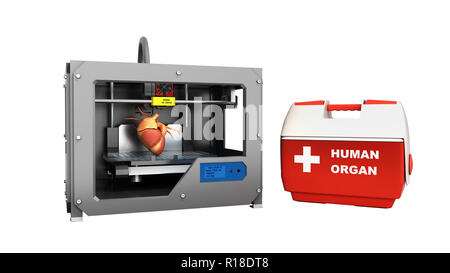 Notion de processus de transplantation de créer le cœur humain à l'aide de l'imprimante 3D illustration isolé sur blanc aucune ombre Banque D'Images