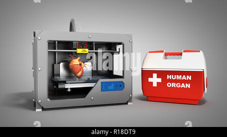Notion de processus de transplantation de créer le cœur humain à l'aide de l'imprimante 3D illustration isolé sur fond gris Banque D'Images