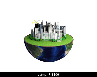 Concept d'urbanisation avec globe et ville sur fond blanc abstrait de rendu 3D Banque D'Images