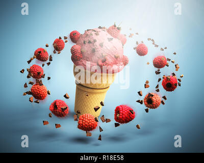 La crème glacée aux framboises et chocolat dans une tasse de miettes de gaufre de rendu 3D sur un fond de couleur Banque D'Images