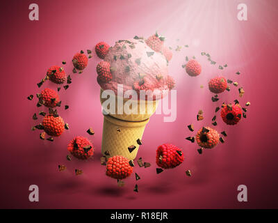 La crème glacée aux framboises et chocolat dans une tasse de miettes de gaufre de rendu 3D sur un fond de couleur Banque D'Images