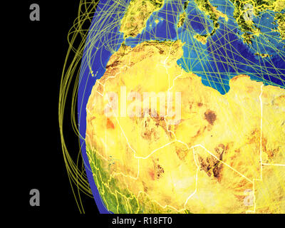 Région du Maghreb à partir de l'espace sur la planète Terre avec lignes représentant global communication, voyage, connexions. 3D illustration. Les éléments de cette image f Banque D'Images