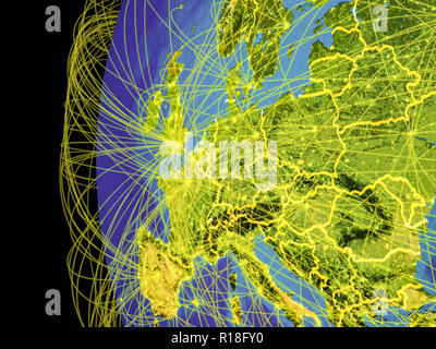 L'Europe centrale à partir de l'espace sur la planète Terre avec lignes représentant global communication, voyage, connexions. 3D illustration. Les éléments de cette image f Banque D'Images