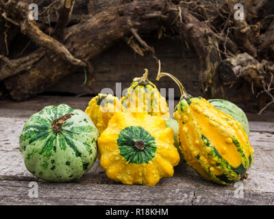 Un groupe de mûres, légumes et fruits d'automne sur le fond rugueux. Les potirons, les pommes et les noix à côté de l'autre. Banque D'Images