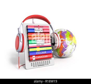 E-livre avec globe audio langues 3D render Banque D'Images