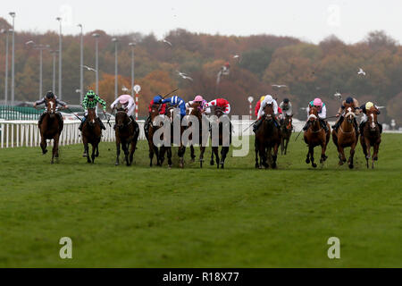 L'actif de l'entreprise montée par Kevin Stott (deuxième à droite) remporte le British Sportsbook Marathonbet EBF Gillies Pouliches' course pendant la journée Handicap Novembre Marathonbet à l'Hippodrome de Doncaster. Banque D'Images