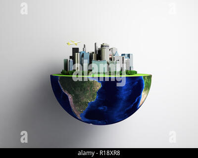 Concept d'urbanisation avec globe et ville sur fond vert abstrait de rendu 3D Banque D'Images