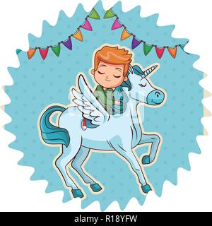 Garçon rêver sur flying unicorn cartoon sur étiquette ronde background vector illustration graphic design Illustration de Vecteur