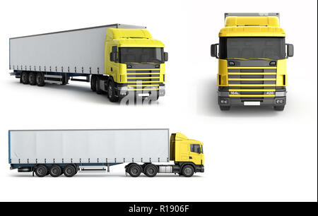 Collection gros camion remorque sur fond blanc avec des ombres douces des maquettes 3D illustration Banque D'Images