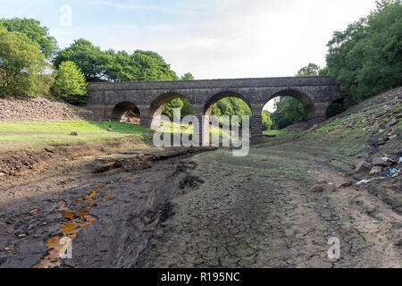 Réservoir de millefeuille au cours de l'été de canicule 2018 . Pont Allance retour au niveau du sol comme les niveaux d'eau baissent et l'écoulement de l'eau s'assèche. Banque D'Images