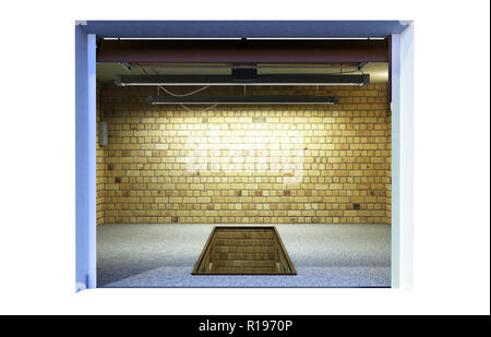 Vue frontale d'un ampty 3D Intérieur Garage ouvert avec porte rouleau de rendu 3D Banque D'Images
