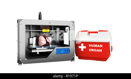 Notion de processus de transplantation de la création d'organes en utilisant l'imprimante 3D illustration isolé sur blanc aucune ombre Banque D'Images