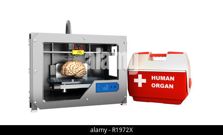 Notion de processus de transplantation de cerveau humain créer en utilisant l'imprimante 3D illustration isolé sur whiye aucune ombre Banque D'Images