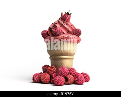 La crème glacée aux framboises et chocolat chapelure dans une gaufre tasse 3D render sur blanc Banque D'Images
