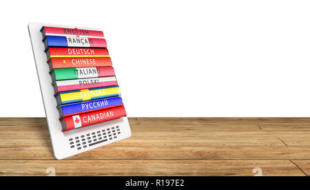 E-boock apprentissage des langues 3D render sur bois concept knowlage Succès Banque D'Images