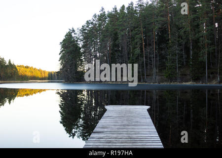 Début de soirée de printemps avec la passerelle sur le côté du lac, avec la forêt en arrière-plan Banque D'Images