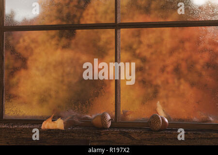 Le rendu 3D de Misty fenêtres d'une cabane en bois en face de l'arbre en automne Banque D'Images