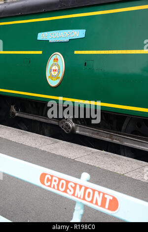 La plaque signalétique sur SR Bataille d'Angleterre pacifique classe No 34081 de l'Escadron '92' lors d'une visite à la station de Grosmont. Banque D'Images