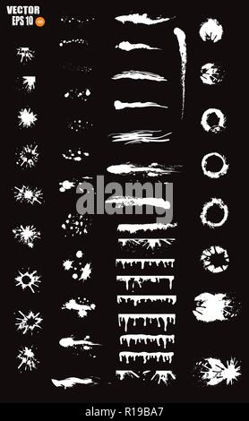 Un grand nombre de gouttes de peinture blanche, blanc, taches, taches, brosses, lignes, rugueux. Les coups de pinceau de peinture blanche, des éléments de conception artistique. Vector illustration. Isolé sur fond noir Illustration de Vecteur