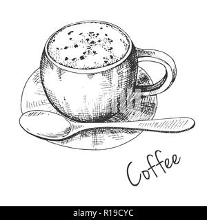 Croquis de tasses à café sur une soucoupe d'une cuillère. L'inscription est le café. Vector illustration au croquis style. Illustration de Vecteur