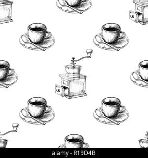 Moulin à café manuel rétro ou d'usine et tasse de café sur une soucoupe. Modèle sans couture. Vector illustration d'un croquis de style. Illustration de Vecteur