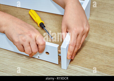 L'assembleur de meubles réunit les deux parties de la meubles prêts-à-assembler avec serrure et de la cheville en bois, Flat pack tapis Banque D'Images