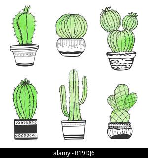 Cactus faites à la main. Ensemble de cactus en pot isolé sur fond blanc. Aquarelle stylisée. EPS 10 Illustration de Vecteur