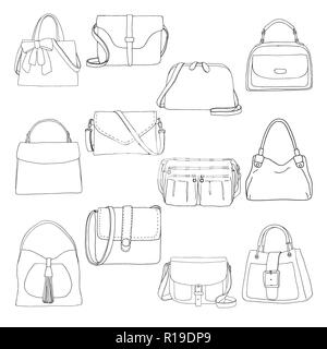 Ensemble de sacs différents, hommes, femmes et mixtes. Bags isolé sur fond blanc. Vector illustration au croquis style. Illustration de Vecteur