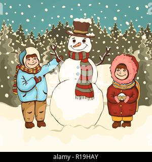 Les enfants font de bonhomme de neige, hiver, cartoon, dessin coloré illustration vectorielle, carte. Mignon peint garçon et fille drôle et bonhomme de neige dans le parc sur le Illustration de Vecteur