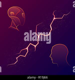Arrière-plan avec robot et des têtes humaines d'ossature et de la foudre Illustration de Vecteur