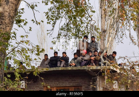 10 novembre 2018 - Pulwama, Jammu-et-Cachemire, l'Inde - les musulmans du Cachemire sont vu regarder des funérailles de l'Wajid-Ul-Islam militant tué lors de ses funérailles à son village natal en babhara Pulwama.Des milliers de personnes ont participé à la prière funéraire des deux militants qui ont été tués dans une fusillade avec les forces gouvernementales dans le sud du district de Pulwama du Cachemire 40kms à partir de la capitale d'été Srinagar. Les militants, selon l'Inspecteur général de la police, au Cachemire, la gamme SP pani, ont été tués lors d'un 'très bref'' fusillade en Tikken village. (Crédit Image : © Idrees Abbas/SOPA Amp Banque D'Images